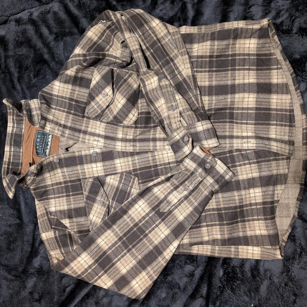 Jachs New York Brown White Plaid 100% Virgin Wool Heavy Flannel Shirt Mens XL